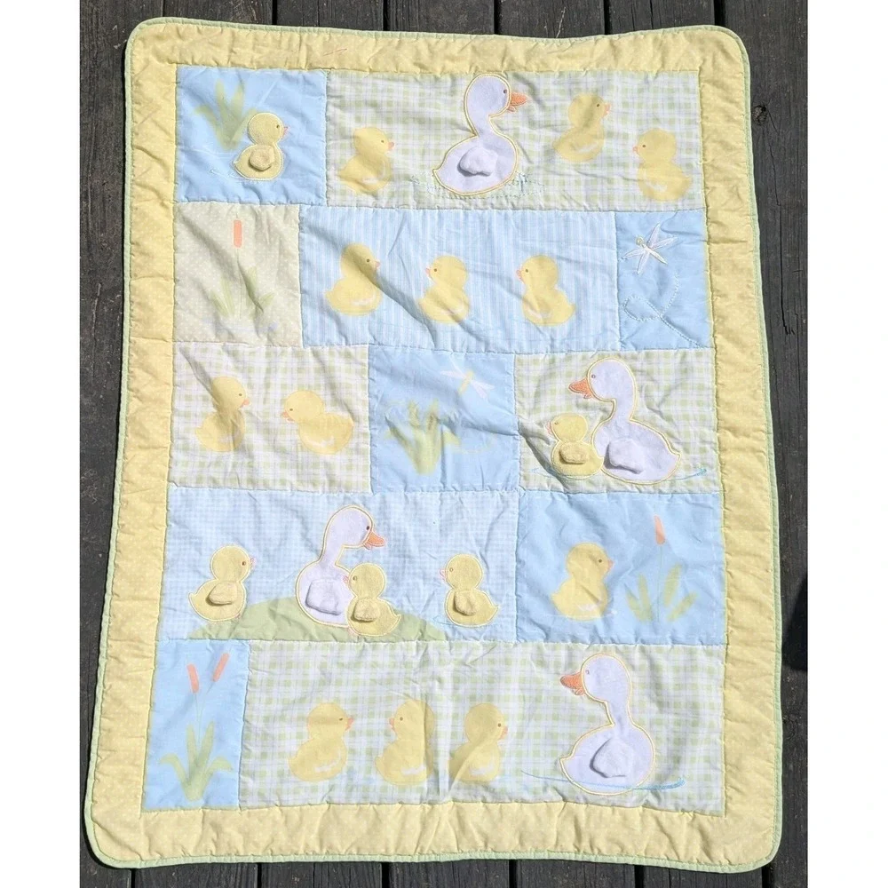Vintage yellow and blue Duck and Duckling Baby Quilt